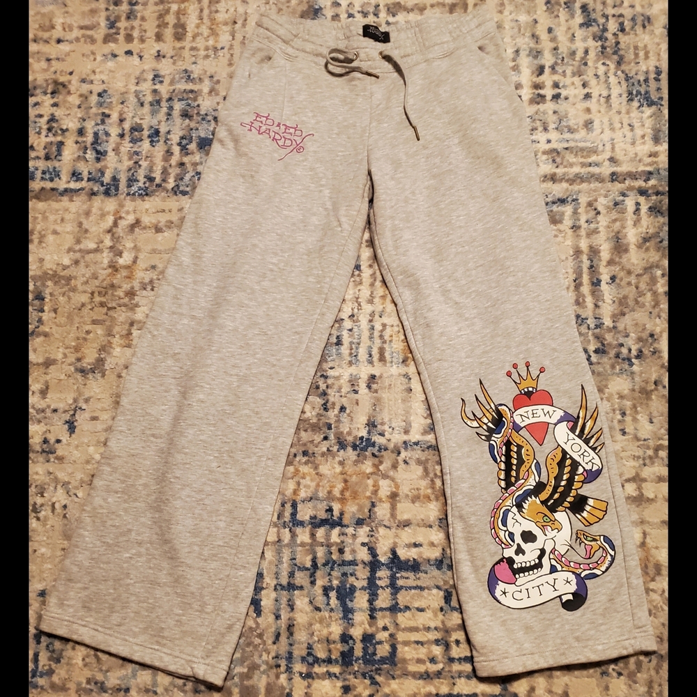 Ed Hardy Gray Wide Leg Sweatpants with Vibrant Skull Design